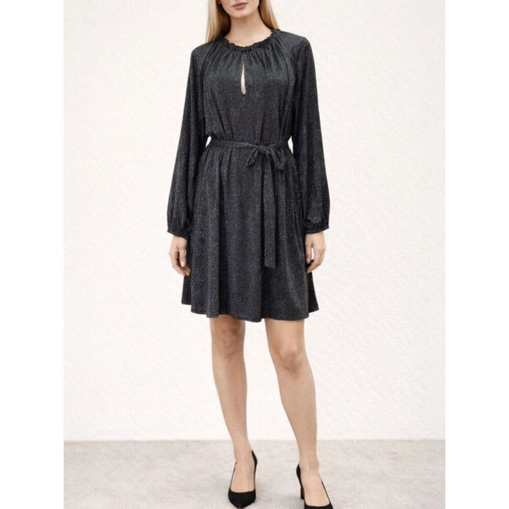 NWT Eloquii Metallic Black Silver Shimmer Belted Midi Dress Women’s Size 22/24